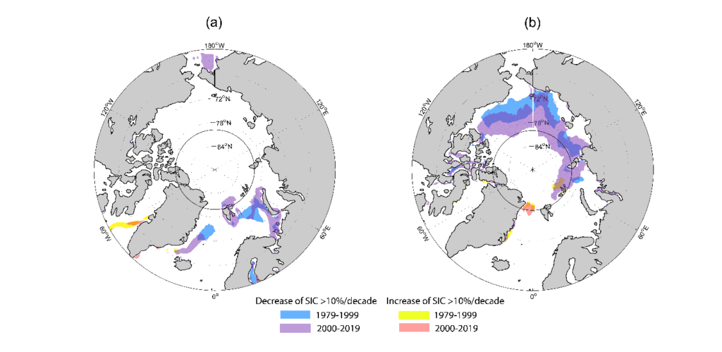 Области со скоростью изменения концентрации морского льда более 10 процентов за десятилетие в 1979-1999 и 2000-2019 гг. для (а) марта и (б) сентября (черной окружностью показана широта 80° с.ш.). Все показанные тренды статистически значимы (p < 0.1) / ©Пресс-служба Института географии