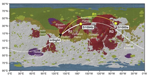 Движение сейсмических волн от мест падения двух метеоритов (отмечены желтыми кружками) до модуля InSight