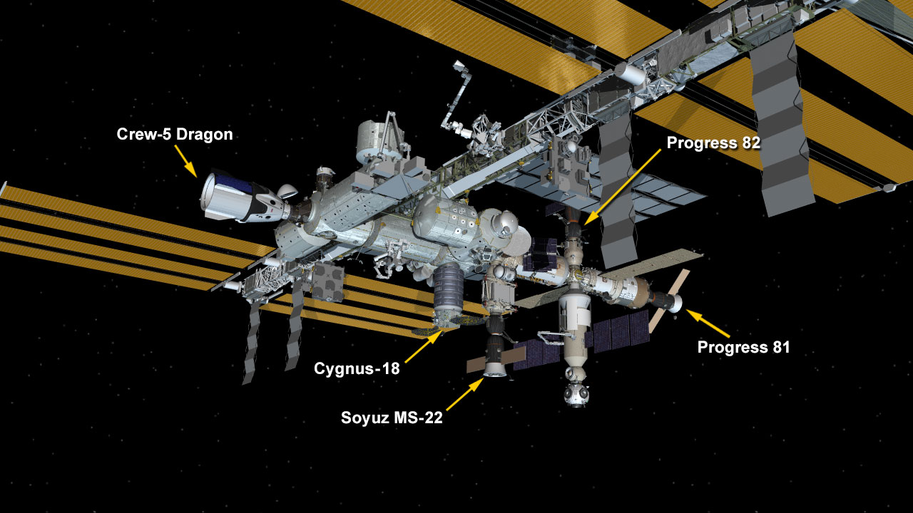 Nov. 9, 2022: International Space Station Configuration. Five spaceships are parked at the space station including the Cygnus space freighter, the SpaceX Crew Dragon Endurance and Russia's Soyuz MS-22 crew ship and the Progress 81 and 82 resupply ships.