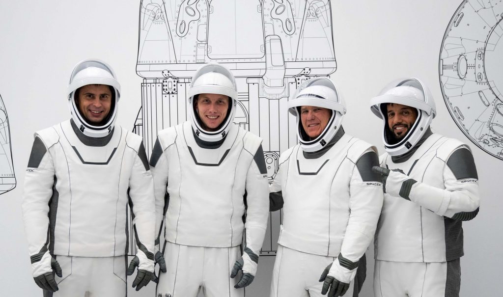 The four crew members that comprise the SpaceX Crew-6 mission pose for a photo in their spacesuits during a training session at the company's headquarters in Hawthorne, California. From left are, Mission Specialist Andrey Fedyaev, Pilot Warren