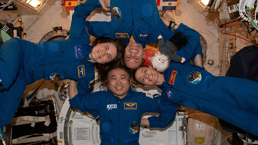 Clockwise from left, Expedition 68 Flight Engineers Anna Kikina, Josh Cassada, Nicole Mann, and Koichi Wakata pose for a fun portrait aboard the station. The quartet is planning on returning to Earth this month.