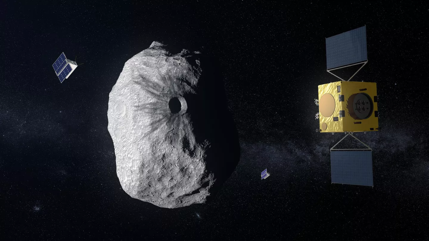 Космический аппарат Гера и два его наноспустника на орбите астероида Дидим