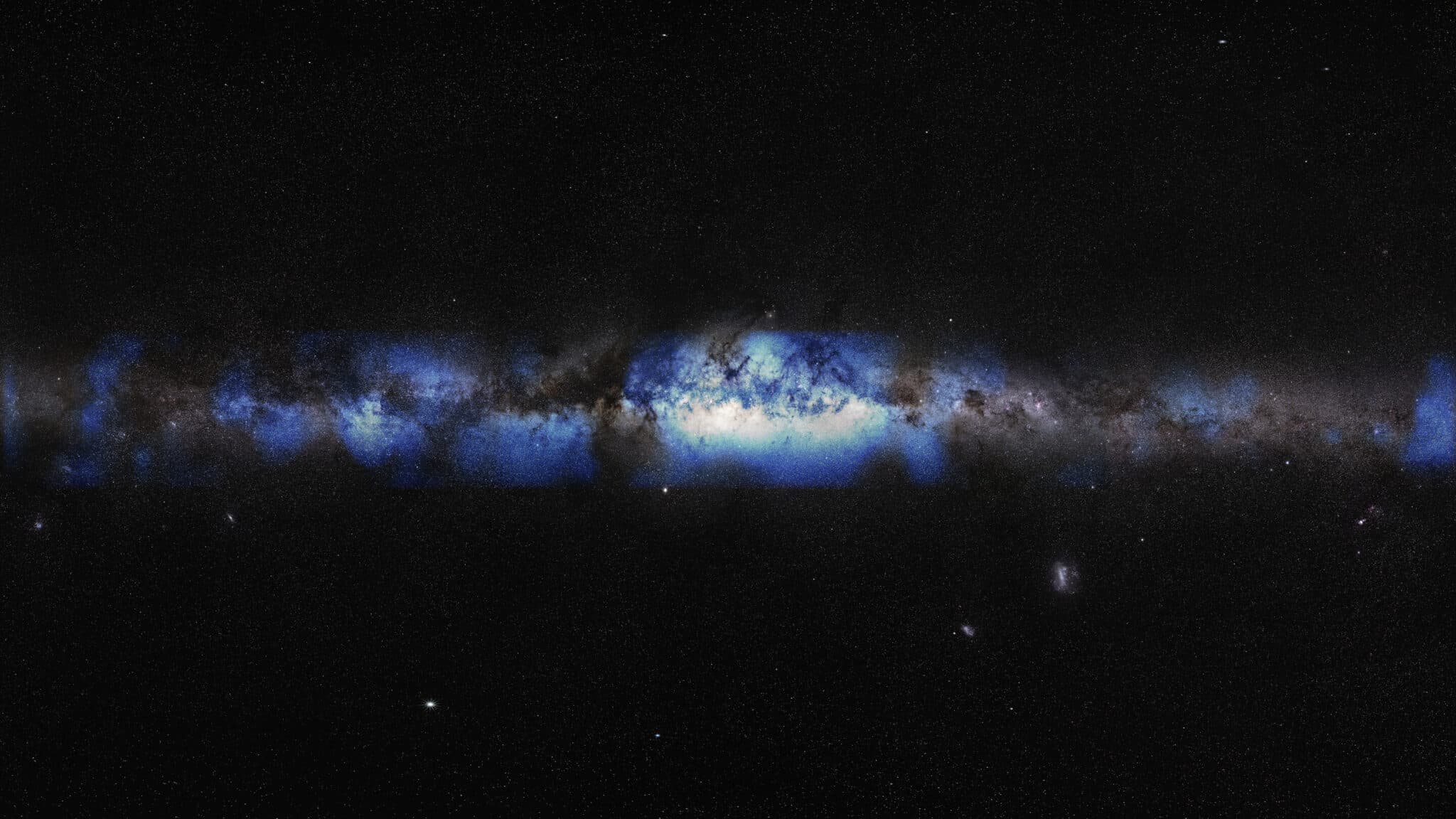 Художественное изображение Млечного Пути в видимом свете, совмещенное с синим изображением в нейтрино / © IceCube Collaboration/U.S. National Science Foundation (Lily Le & Shawn Johnson)/ESO (S. Brunier)