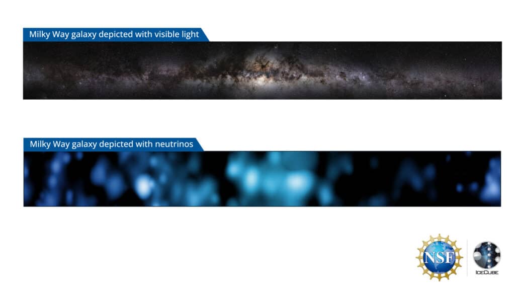Изображение Млечного Пути в видимом свете (сверху) и в нейтрино (снизу) / © IceCube Collaboration/U.S. National Science Foundation (Lily Le & Shawn Johnson)/ESO (S. Brunier)