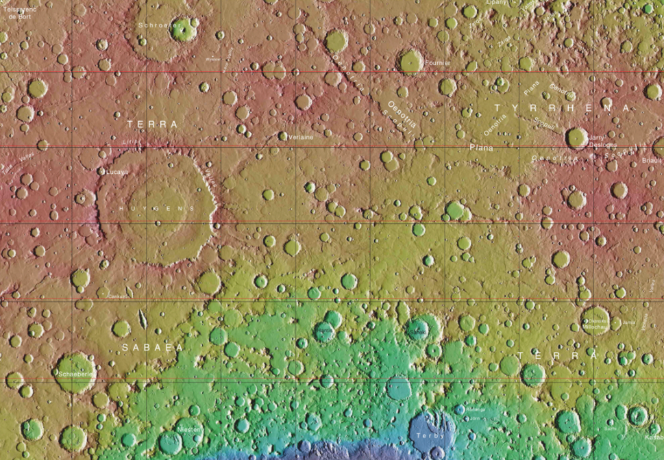 1 Марс, карта высот четырёхугольника Япигия.