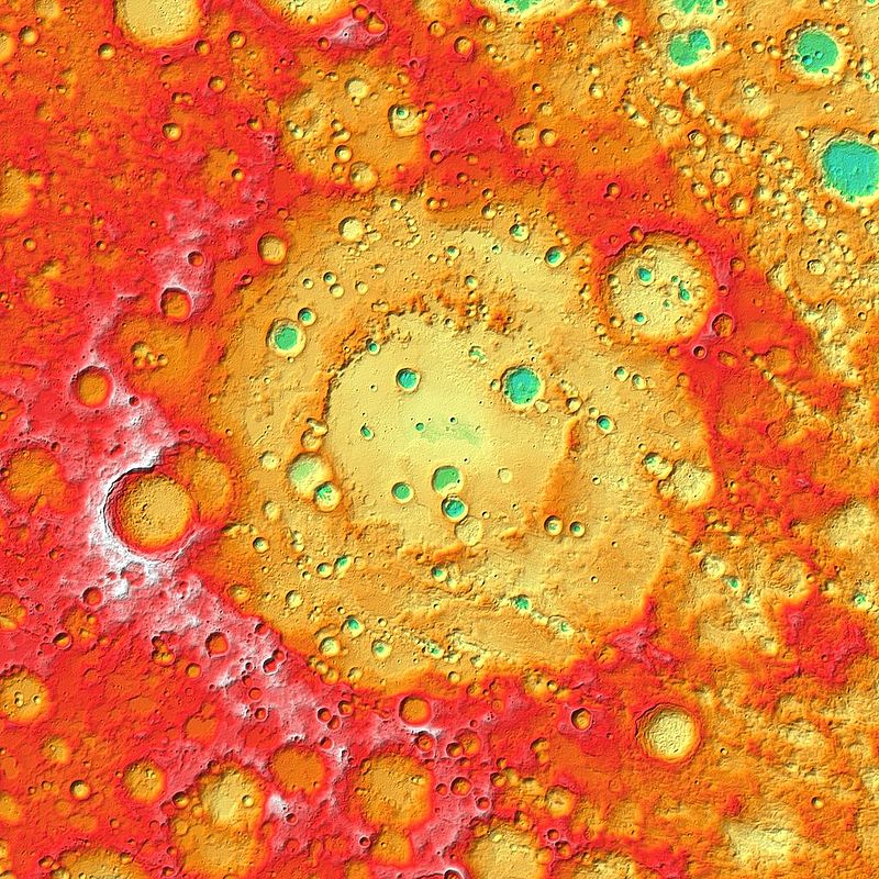 Карта высот Луна. Кратер Герцшпрунг. Карта высот по данным КА «Lunar Reconnaissance Orbiter , NASA, 2014 г. Красное – возвышенности, зеленое – низменности