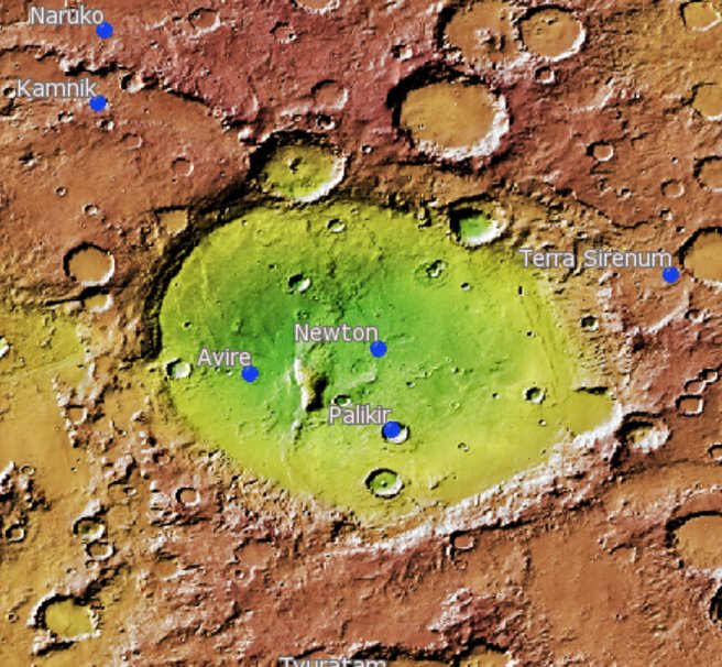 Топографическая карта кратера Ньютон, NASA, 2011 г.