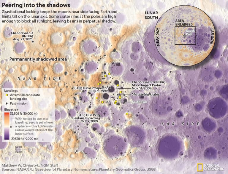 Карта района южного полюса Луны возле кратера Шеклтон, включая потенциальные места посадки экспедиции «Артемида III» (желтый) / © NASA/PL; Gazetteer of Planetary Nomenclature, Planetary Geomatics Group, USGS, Matthew W. Chwastyk, NGM Staff