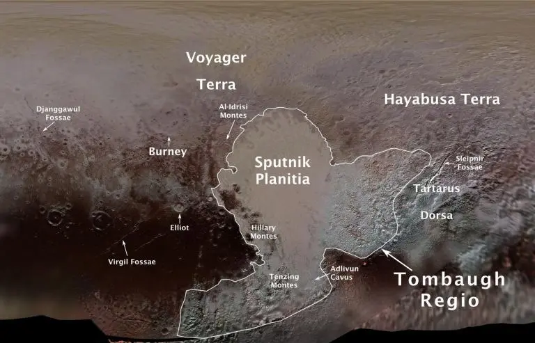 Карта поверхности Плутона, кратер Киладзе находится между равниной Спутника (Sputnik Planitia) и Слейпнирскими впадинами (Sleipnir Fossae) | NASA