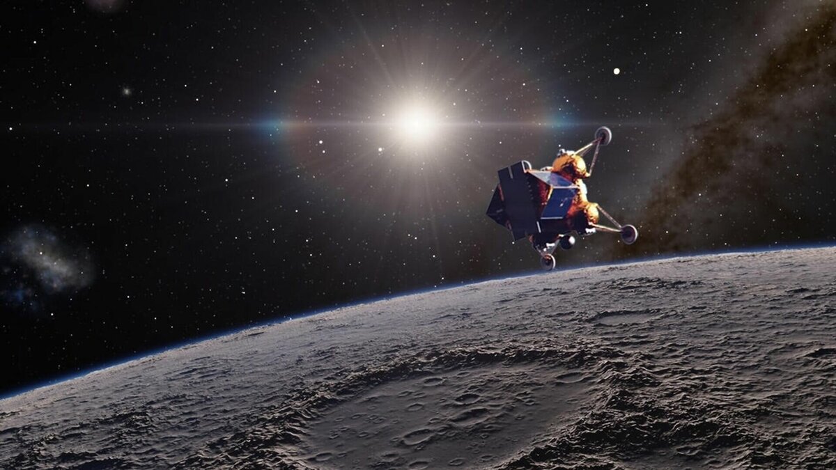 «Луна-25» в космосе, иллюстрация. Credits: Госкорпорация «Роскосмос»/НПО им. С. А. Лавочкина/ИКИ РАН. height=675px width=1200px