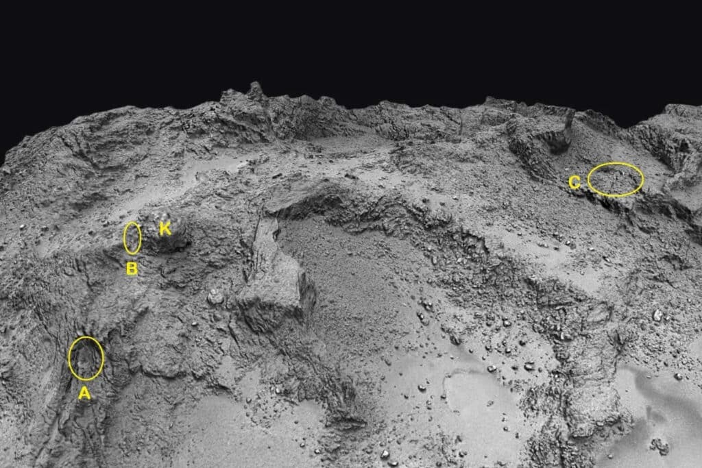 Пещеры на комете 67P/Чурюмова-Герасименко. Обозначены желтыми кругами / © CNES, ESA