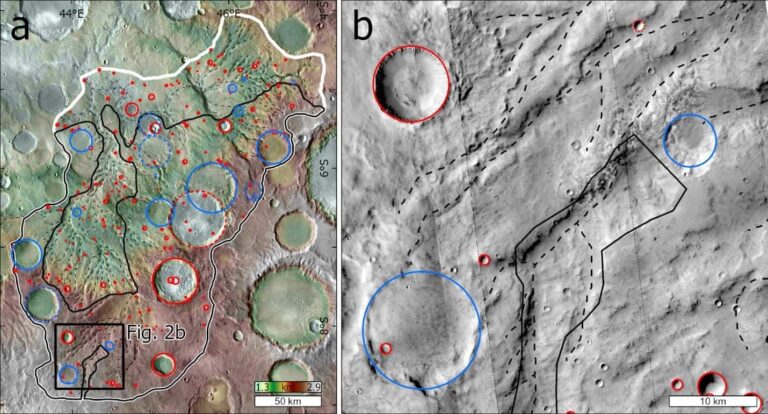 Ударные кратеры в марсианских долинах. Красным цветом отмечены кратеры, которые появились после формирования сети долин, синим — до их появления. Пунктирная черная линия — это нанесенная на карту сеть долин. Черным цветом отмечены районы, подвергшиеся наименьшей эрозии / © MOLA MEGDR, NASA