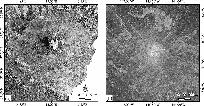 Радиолокационные изображения Этны (слева) по данным КА Sentinel-1 A (ESA), разрешение ~ 75 м, и горы Идунн (справа) по данным КА Magellan (NASA), разрешение ~ 75 м. Изображение из статьи P. D'Incecco et al. , Icarus, Volume 411, 2024