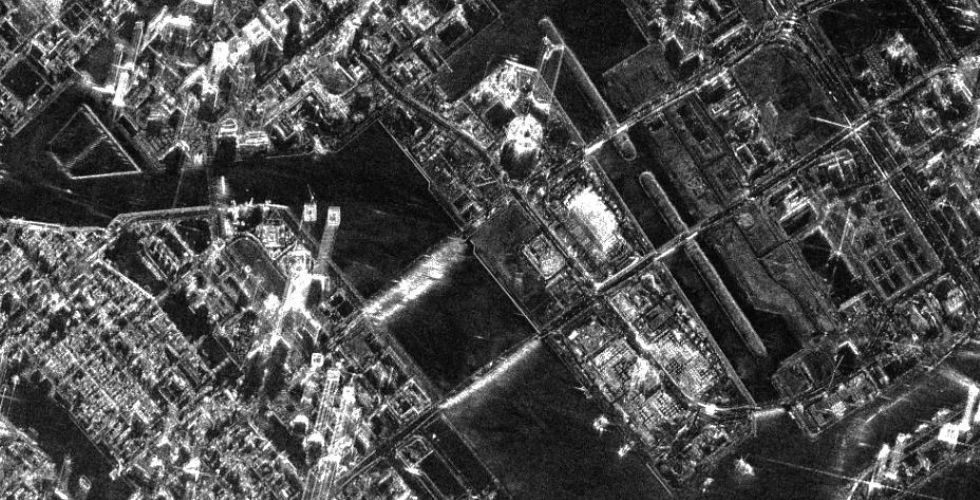 Пример радиолокационного синтезированного изображения с КА «Кондор-Э» в режиме съёмки ДПР (разрешение 1-2 м), г. Токио, Япония