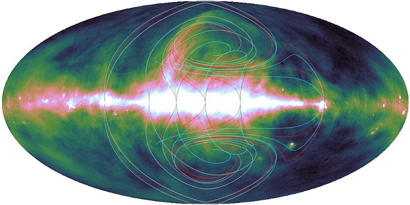 Карта всего неба в радиодиапазоне (частота 408 МГц, Haslam et al., 1982) с наложенными на нее ожидаемыми траекториями струй поднимающегося горячего газа от областей звездообразования (линии). Они напоминают структуры, видимые на этой карте. В частности, они (линии) идут вдоль Северного Полярного Шпура. Рисунок из ст. Churazov et al., 2024