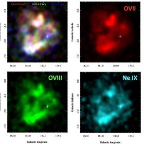 Рентгеновские изображения остатка вспышки сверхновой Спагетти (S147) в линиях излучения отдельных высокоионизованных атомов и композитное изображение. Рисунок из статьи Khabibullin I. I. et al,  A&A 689, A278, (2024)