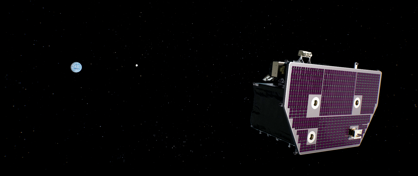 A spacecraft with large solar panels floats in the foreground of space, with a view of distant Earth and the Moon against a backdrop of stars.